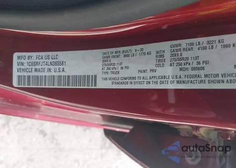 2020 Ram 1500 Laramie 4X4 5'7 Box z USA, uszkodzony, nr VIN 1C6SRFJT4LN365581